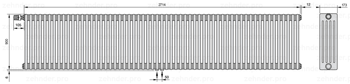 Схема (чертеж) Радиатор Zehnder Charleston 5090/59 №V007 Белый глянцевый RAL 9016